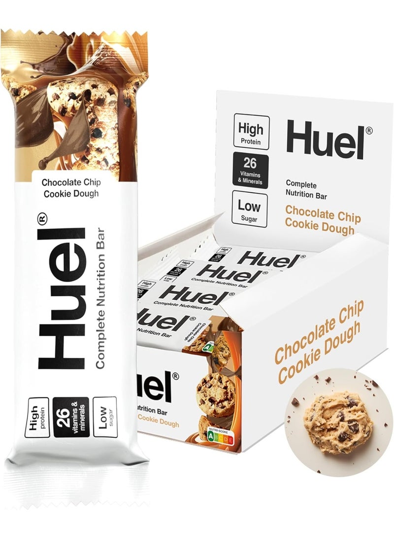 Huel Complete Nutrition Bar, 12 x 55g Bars, Chocolate Chip Cookie Dough, High Protein Bar, Plant-Based Protein Bars, Low Sugar, High Fibre, High Protein Snack with Vegan Chocolate, Under 200 Calories - Image 1